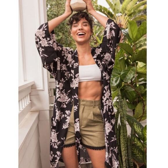 Spiritual Gangster Black Floral Kimono Swim Suit Lightweight Coverup -sz OS - Picture 1 of 6